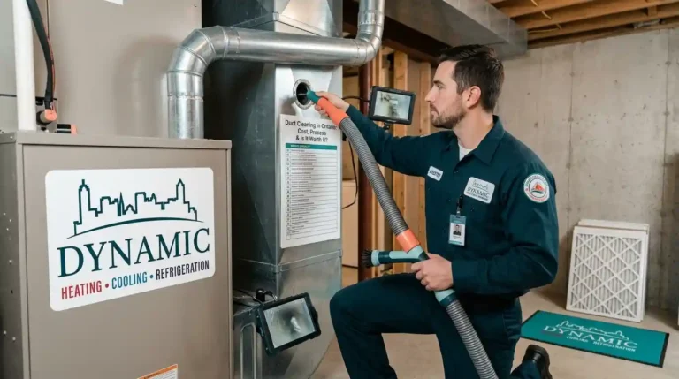 An HVAC technician in a dark blue uniform featuring the Dynamic Heating & Cooling logo cleans residential furnace ductwork using professional rotary brush equipment in an Ontario basement setup.