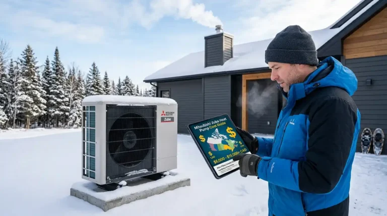 A bundled-up homeowner in a snowy Canadian winter landscape holds a tablet displaying a "Mitsubishi Zuba Heat Pump Cost Guide" infographic with Canadian map and price ranges. A Mitsubishi Electric Zuba heat pump unit is visible installed nearby.