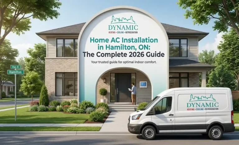 A suburban home featuring a large arched entrance sign with the Dynamic Heating and Cooling logo and the text "Home AC Installation in Hamilton, ON: The Complete 2026 Guide," with a branded service van parked in the foreground.