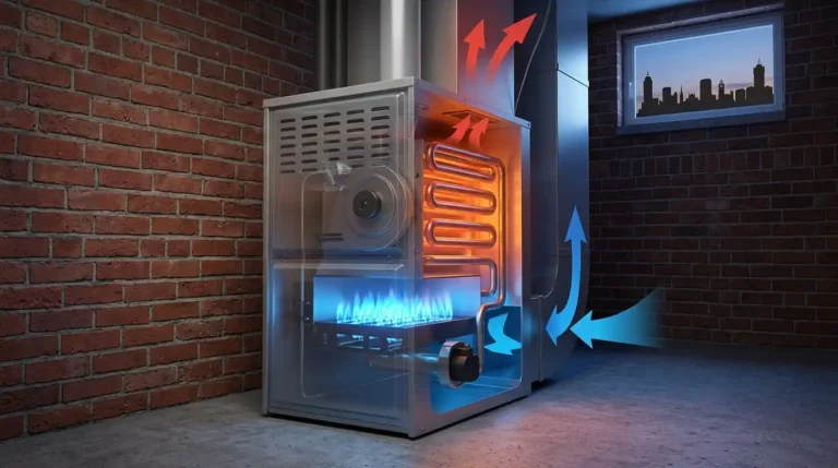 A 3D cutaway illustration of a natural gas furnace in a basement, showing bright blue combustion flames and a glowing orange heat exchanger. Red and blue arrows illustrate the airflow and heat transfer process, while the Hamilton skyline is subtly visible through a basement window.