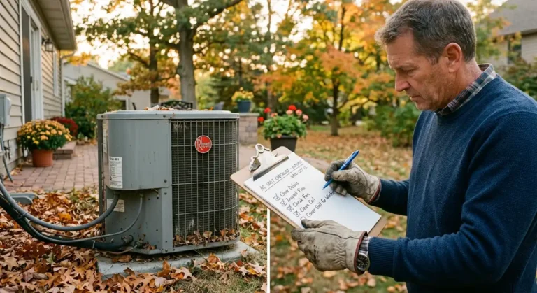 A homeowner marks off a maintenance checklist with a pen while standing next to an outdoor central air conditioning compressor unit in a backyard as autumn leaves begin to accumulate, preparing the AC for winter shut down.
