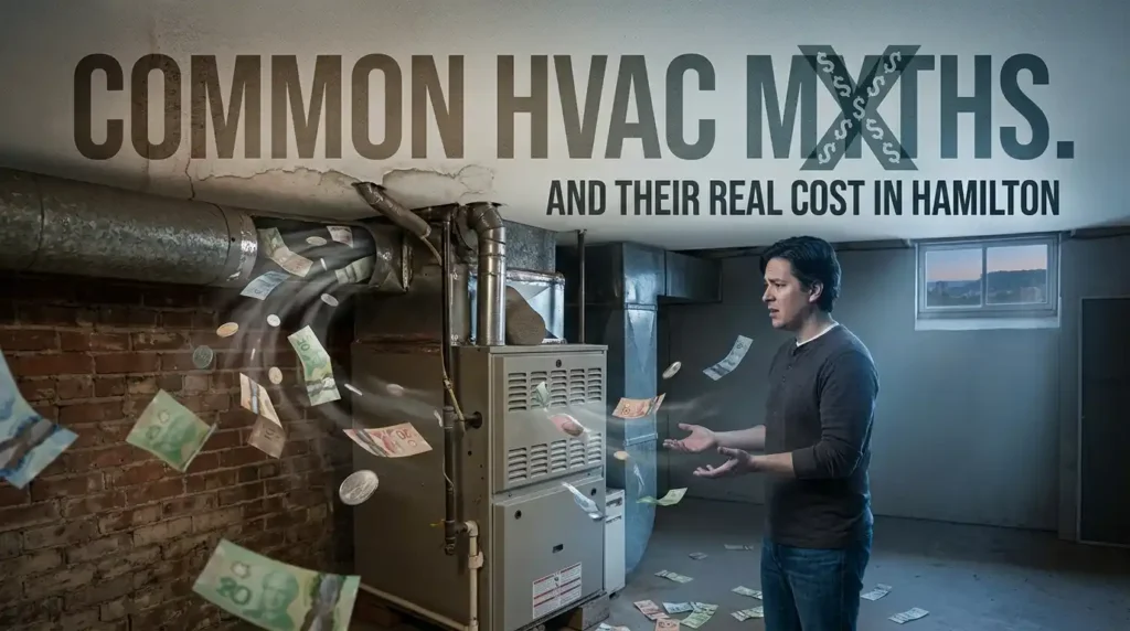 An illustrative photograph showing Canadian currency being physically blown out of an inefficient HVAC system in a Hamilton basement, illustrating the real cost of common myths. Text integrated on the wall says 'COMMON HVAC MYTHS' and 'AND THEIR REAL COST IN HAMILTON.' A stressed homeowner looks on.
