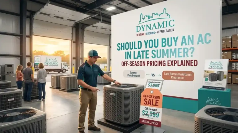 An HVAC technician in a Dynamic Heating and Cooling uniform showing an outdoor air conditioning unit to customers in a showroom, next to a branded sign reading "Should You Buy an AC in Late Summer? Off-Season Pricing Explained" with promotional price tags.