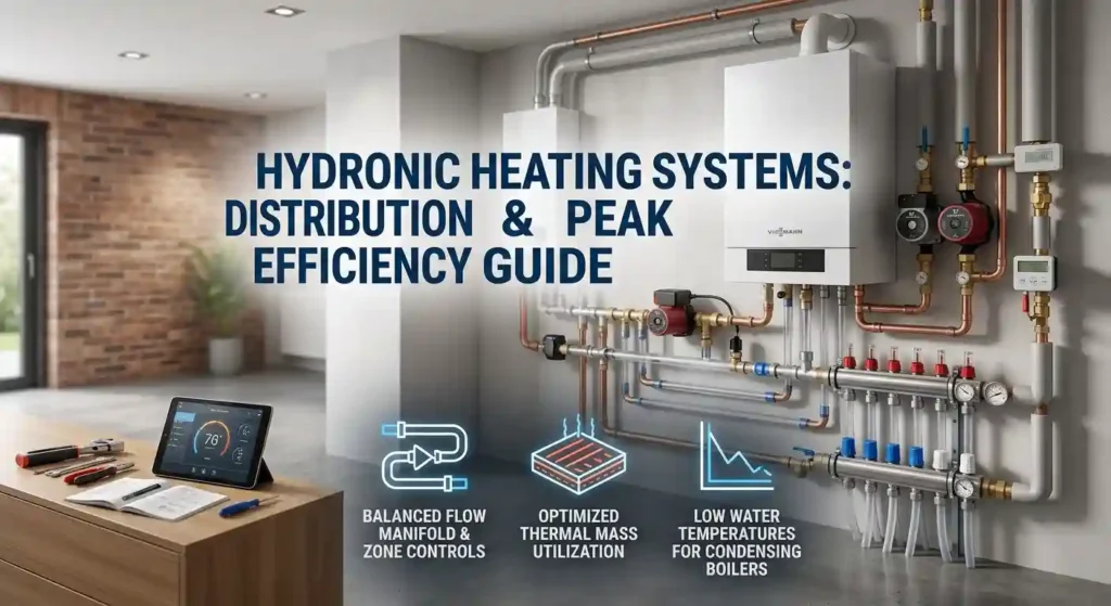 A modern boiler and radiant heating manifold system installed on a basement wall.