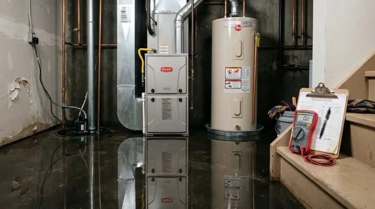 A gas furnace and water heater standing in shallow floodwater inside a basement during a repair versus replacement HVAC inspection.