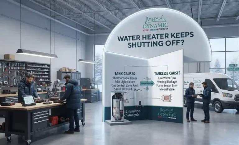 An indoor workshop display by Dynamic Heating, Cooling & Refrigeration featuring a large sign that reads "Water Heater Keeps Shutting Off?" with a diagnostic chart comparing Tank and Tankless causes, positioned between technicians at a workbench and a service van.