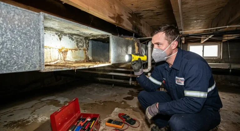 A professional HVAC technician wearing gloves uses a flashlight to inspect the inside of water-damaged, rusted metal ductwork in a basement after a flood.