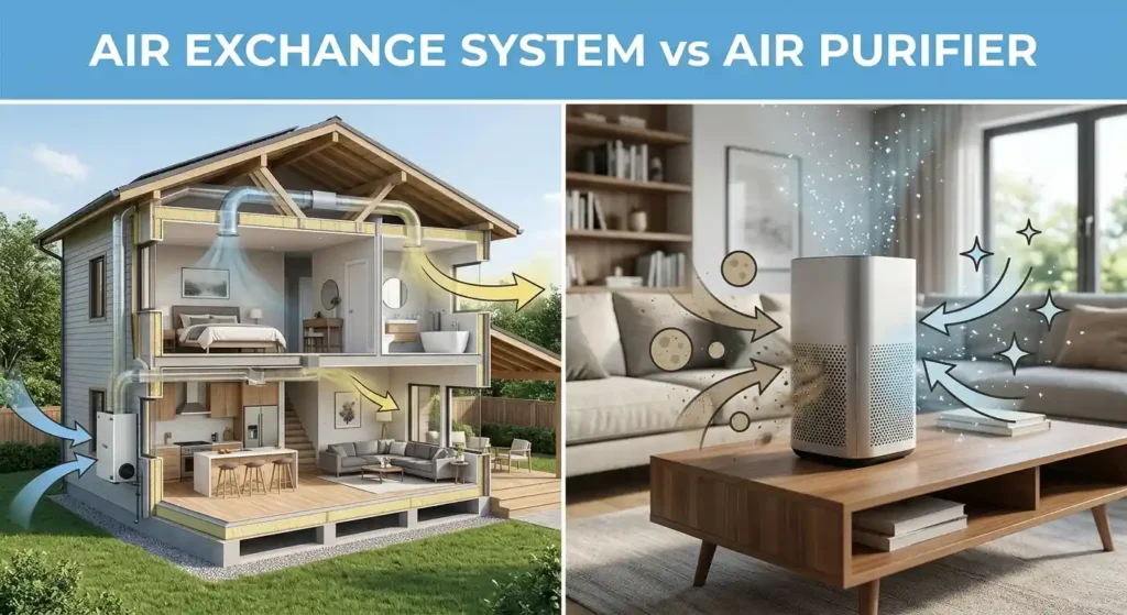 A split-panel illustration. On the left, a cutaway house diagram shows an external air exchange system circulating air through ducted rooms. On the right, an indoor air purifier on a table filters particles from a living room.