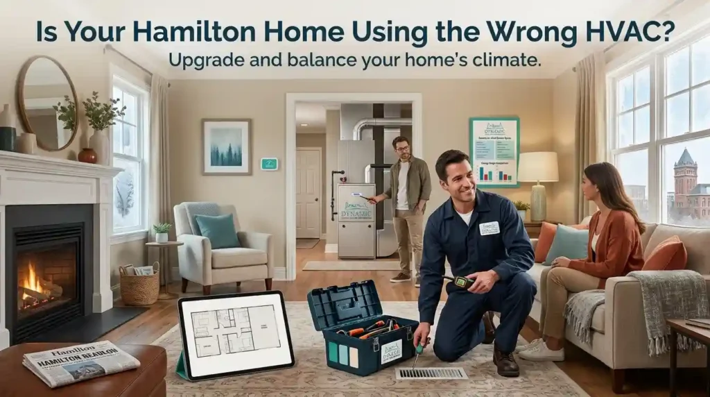 An HVAC technician kneels in a living room, pointing to a floor vent and showing a tool to a homeowner, with a newly installed furnace visible in the background.