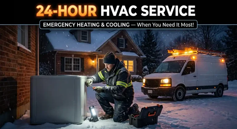 An HVAC technician works in the snow at night to repair an outdoor heating unit, illuminated by a work light with a service van parked nearby and a header reading "24-HOUR HVAC SERVICE".