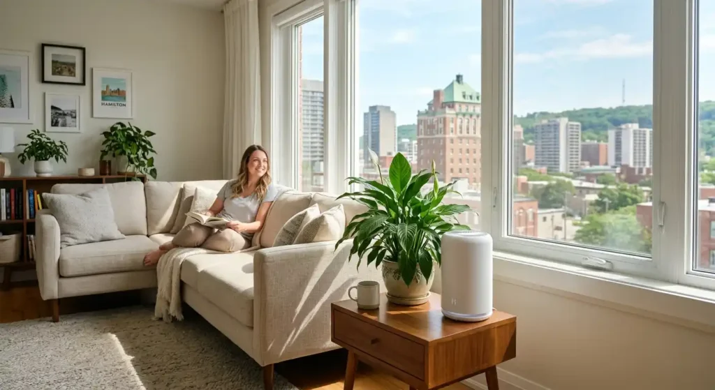 A sun-lit, comfortable Hamilton living room during a hot summer day, with a smart air purifier and a large peace lily plant. A person relaxes on a sofa, and the Hamilton skyline is visible through the filtered window, emphasizing cool and clean indoor air.