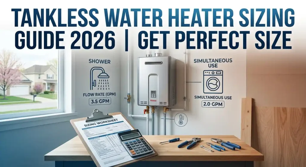 A modern tankless water heater mounted on a wall next to a sizing worksheet and calculator.