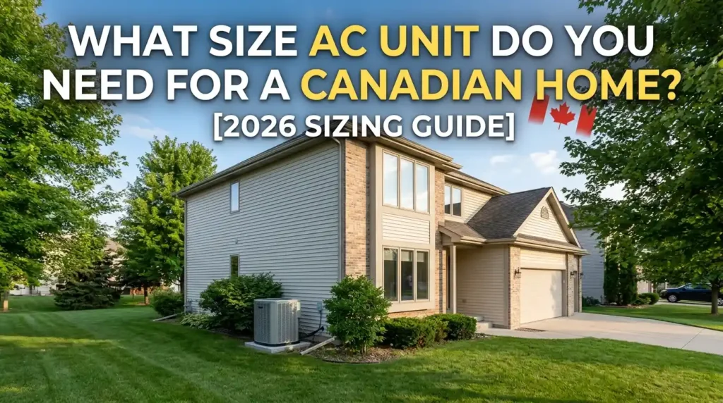 Exterior view of a suburban Canadian house with a side yard AC condenser unit and overlay text reading "What Size AC Unit Do You Need for a Canadian Home? [2026 Sizing Guide]".
