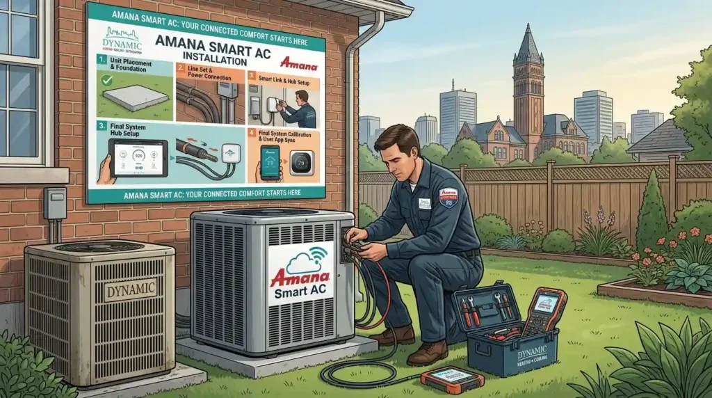 A Dynamic Heating and Cooling technician in a branded uniform finishes installing a modern Amana smart air conditioning unit on a wall in a Hamilton home living room. The scene shows the Amana smart thermostat being mounted, and a city view of Hamilton through a window in the background.