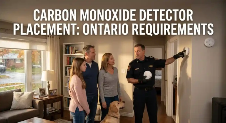 A safety inspector demonstrating correct wall placement for a carbon monoxide detector in a home hallway.