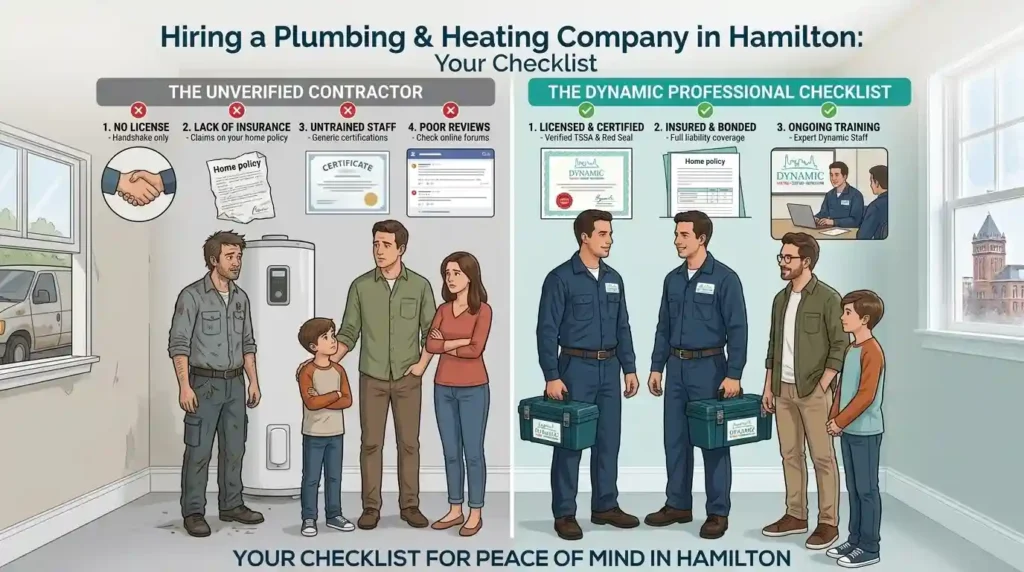 An illustrated graphic titled "Your Checklist for Hiring a Plumbing & Heating Company in Hamilton," contrasting red "Unverified Contractor" risks with green "Dynamic Professional Checklist" standards.