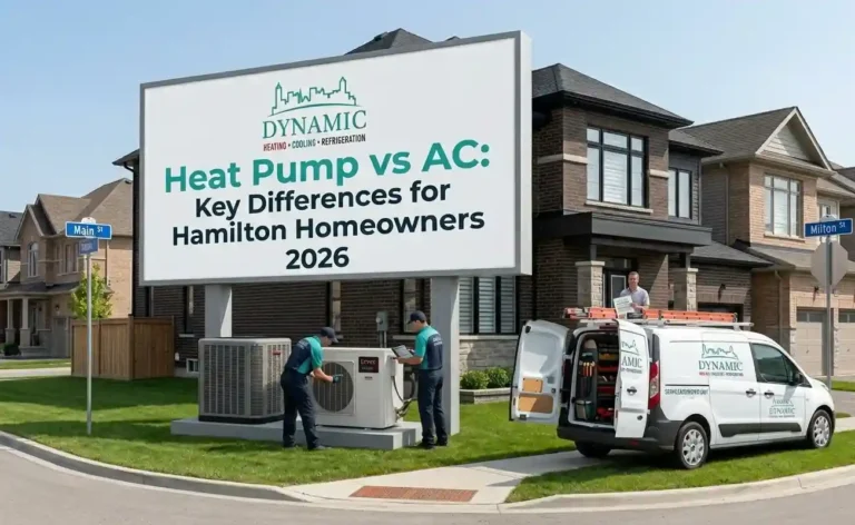 A roadside billboard featuring the Dynamic Heating and Cooling logo and text comparing heat pumps and AC for Hamilton homeowners in 2026, situated next to technicians working on outdoor units and a branded service van in a residential neighborhood.