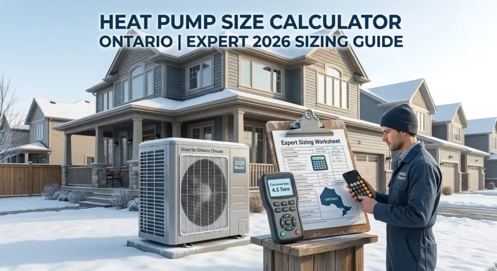 An HVAC expert calculates heat pump size in an Ontario snowy suburb.