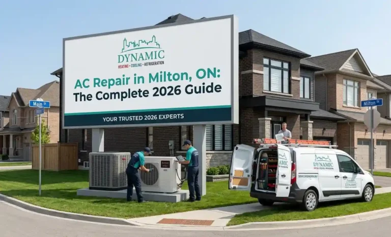 Dynamic Heating and Cooling technicians repair an outdoor AC unit at a Milton home, next to a branded service van and a large billboard promoting the 2026 AC Repair Guide.