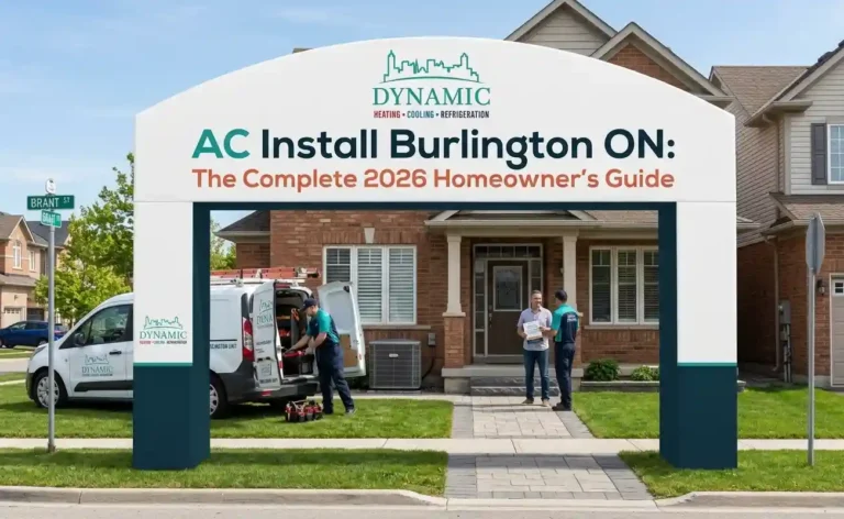 A professional Dynamic Heating and Cooling crew installing an air conditioning unit at a residential home in Burlington, ON, featuring a large archway banner with the title "AC Install Burlington ON: The Complete 2026 Homeowner’s Guide."