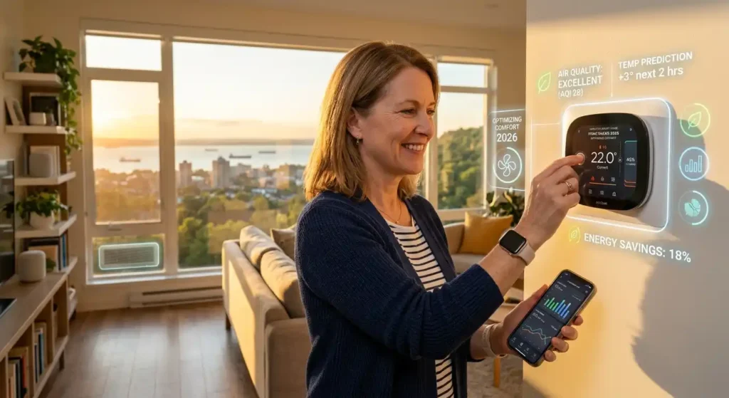 A happy Hamilton homeowner adjusts a sleek smart thermostat in a modern, sunlit living room. Her smartphone is in hand, displaying an app. Through the large window, a view of the Hamilton skyline and bay is visible, suggesting efficient and modern HVAC solutions for the Canadian city in 2026.
