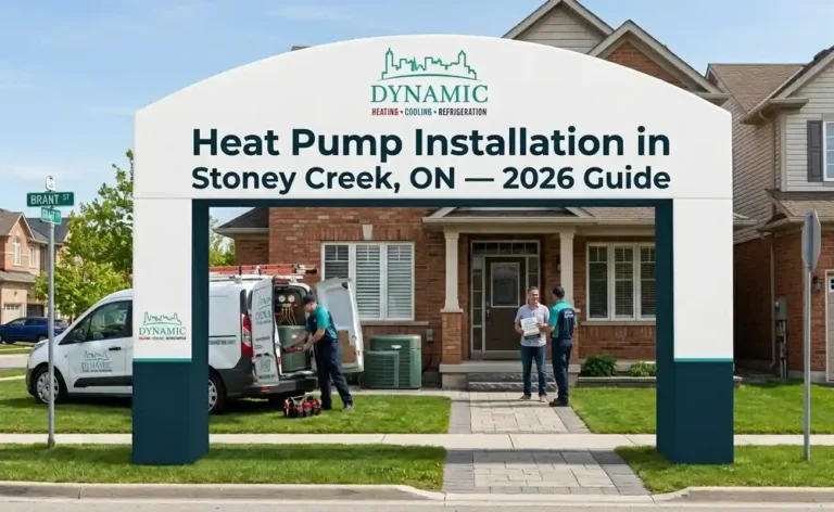 Dynamic HVAC technicians install a new heat pump system at a house in Stoney Creek, Ontario, behind a large banner.