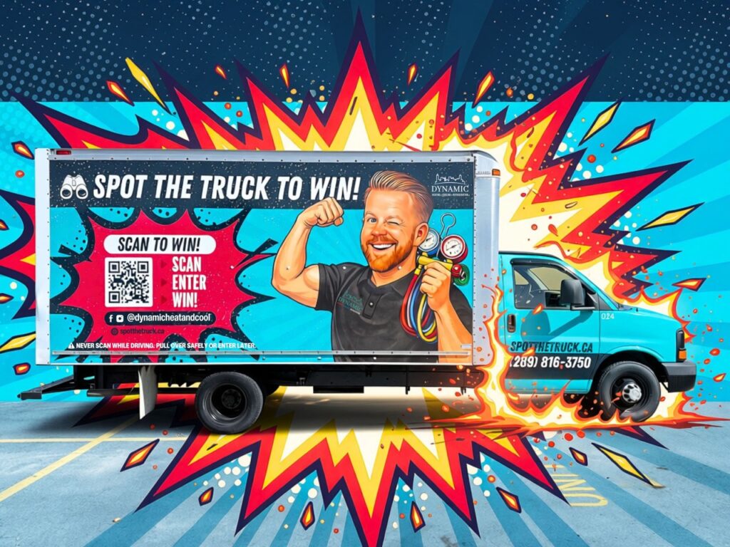 A vibrant cube truck for a campaign called 'Spot the Truck', bursting through a retrostyle graphic with fire flicking off the tires.