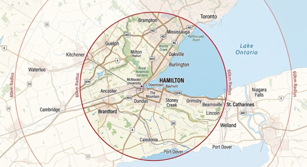 Map of a 60 km radius of Hamilton, ON