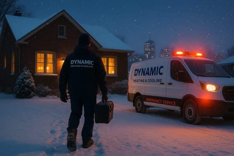 HVAC technician in Dynamic Heating & Cooling jacket approaches snowy Hamilton home at night with toolbox; emergency van lights on, snow falling, warm windows glowing, skyline in background.