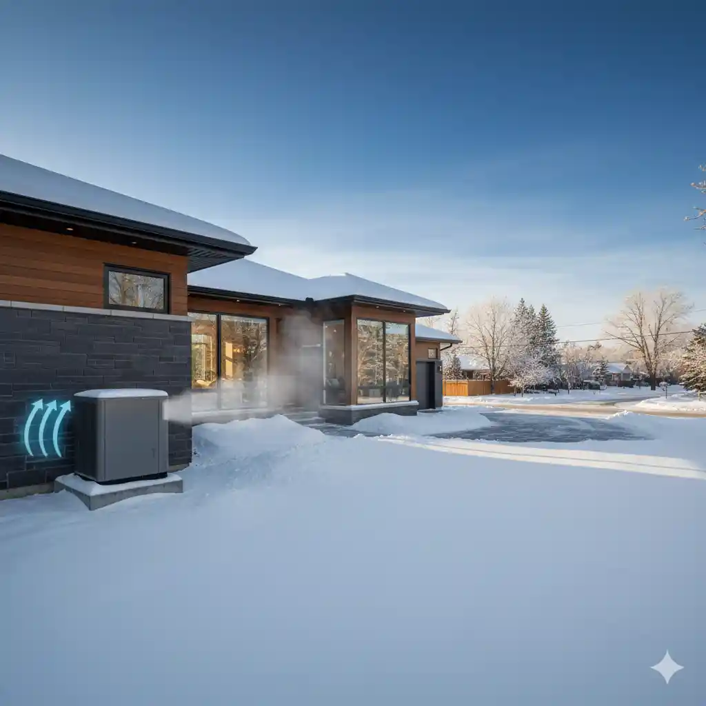 Modern cold-climate heat pump system operating outside a Hamilton home in winter.