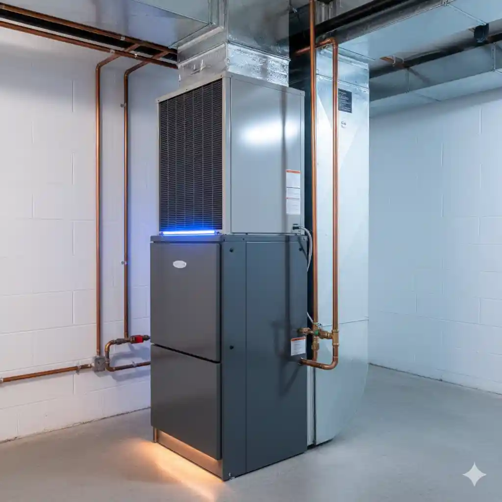 A newly installed, high-efficiency combo gas furnace and central air conditioning unit in a clean residential setting.