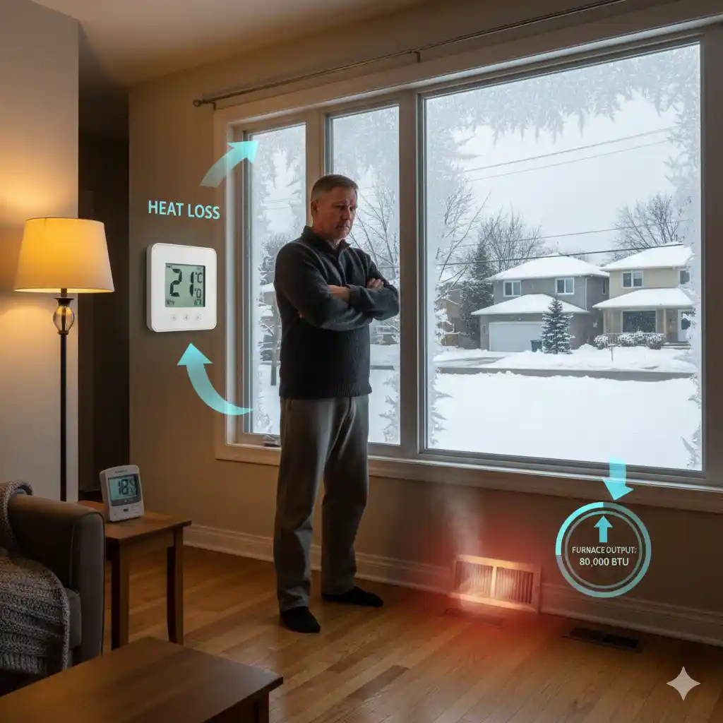 Homeowner checking thermostat while furnace runs continuously during a cold Hamilton winter night, illustrating signs of an undersized furnace.