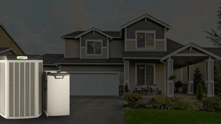 Lennox furnace and air conditioner in front of a family home — Ontario HVAC rebates
