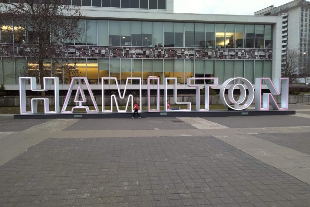 White block letters of Hamilton sign